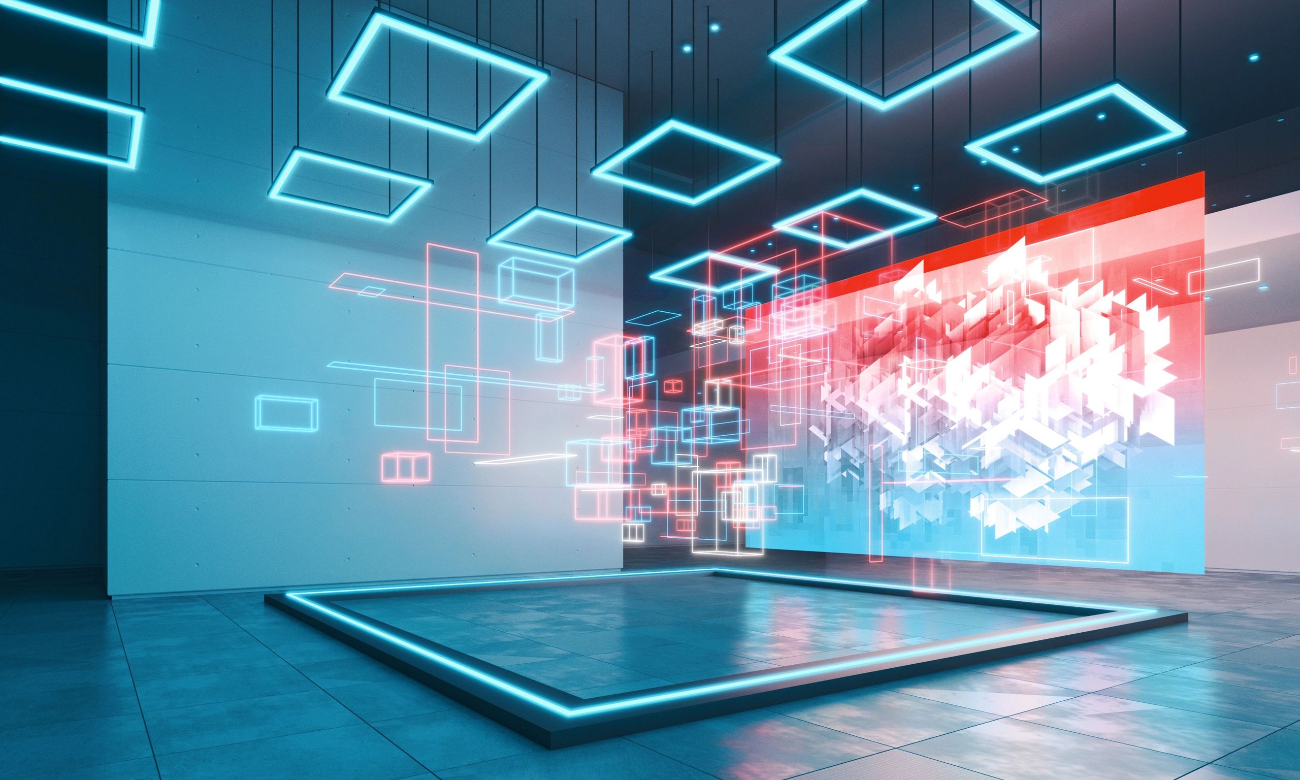Digital art gallery installation with glowing displays