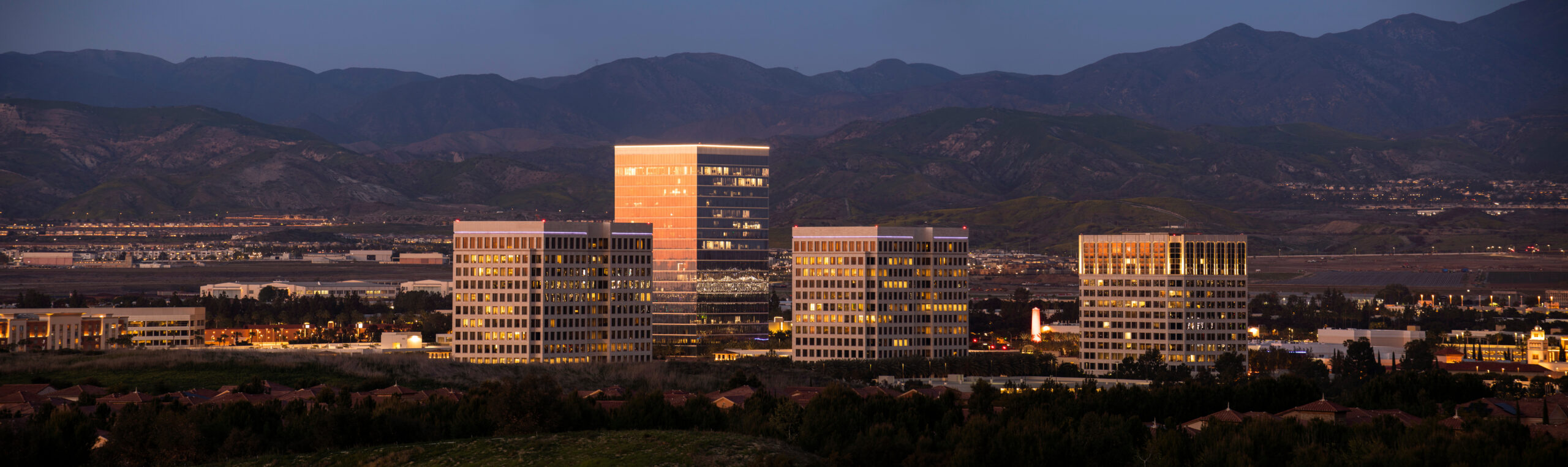 Downtown California skyline with modern buildings in soft morning light